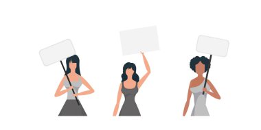 Bir kadın pankartıyla protesto ediyor. Düşünceleri, memnuniyetsizliği ve protestoları ifade etme kavramı. Pankartlar ve tasarımlar için ayarlandı. Vektör.