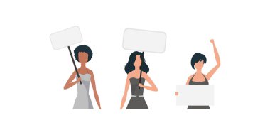 Sevimli bir kız pankartıyla protesto ediyor. Düşünceleri, memnuniyetsizliği ve protestoları ifade etme kavramı. Pankartlar ve tasarımlar için ayarlandı. Vektör illüstrasyonu.