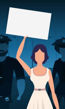 Bir kadın şehrin arka planına karşı pankartıyla protesto ediyor. Düşünceleri, memnuniyetsizliği ve protestoları ifade etme kavramı. Vektör illüstrasyonu.