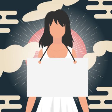 Afişi olan bir kız. Çin tarzı pankart. Protesto konsepti. Vektör.