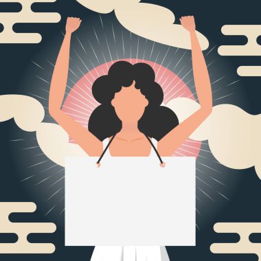 Afişi olan bir kız. Çin tarzı pankart. Direniş kavramı. Vektör illüstrasyonu.