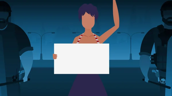 Une Femme Avec Une Bannière Sur Fond Ville Concept Protestation — Image vectorielle