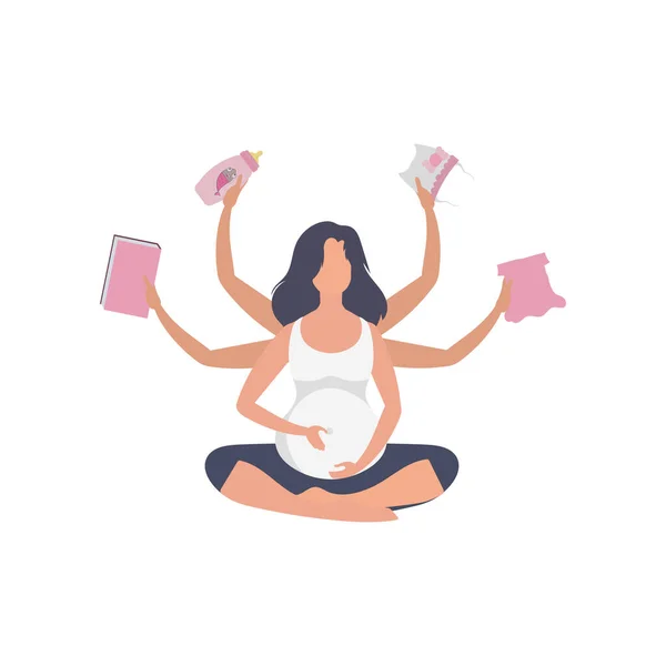 妊婦のためのヨガ よく構築された妊娠中の女性の文字 白い背景に隔離されている 漫画風のベクトルイラスト — ストックベクタ
