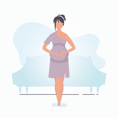 Tamamen büyümüş hamile bir kız. Mutlu hamilelikler. Tasarımınız için mavi renkli pankart. Düz vektör illüstrasyonu.