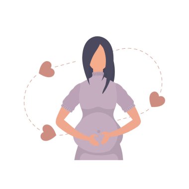 Hamile kız sevgiyle karnının altını tutuyor. İzole. vektör.