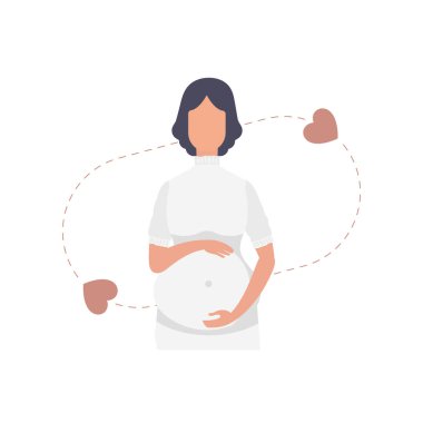 Hamile kadın sevgiyle karnını tutuyor. Beyaz arka planda izole edilmiş. Vektör illüstrasyonu.