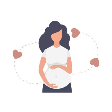 Hamile bir kadın sevgiyle karnının alt kısmını tutar. İzole. vektör.