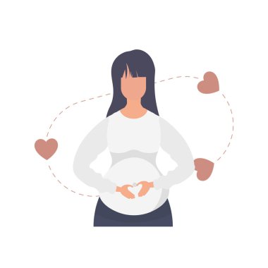 Hamile kız sevgiyle karnının altını tutuyor. İzole. vektör.