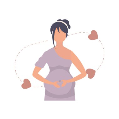 Hamile kadın sevgiyle karnını tutuyor. İzole. vektör.