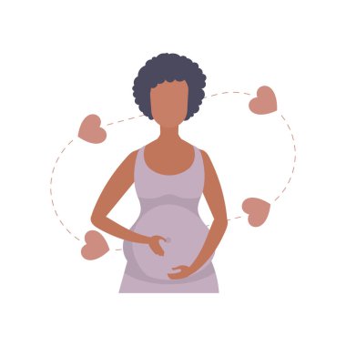 Hamile kız sevgiyle karnını tutuyor. Beyaz arka planda izole edilmiş. Vektör illüstrasyonu.