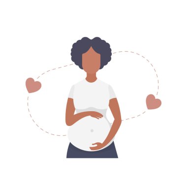 Hamile bir kadın sevgiyle karnının alt kısmını tutar. İzole. vektör.