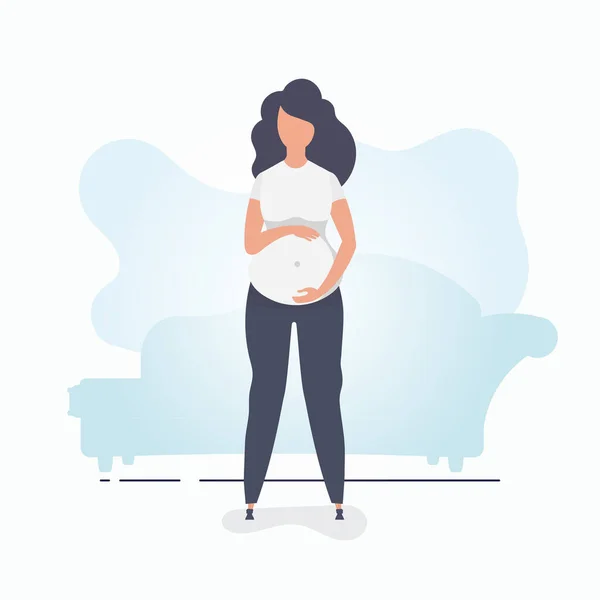 怀孕的女孩完全长大了 完美的怀孕女性性格 明信片或海报 颜色柔和 适合您的设计 平面矢量图解 — 图库矢量图片