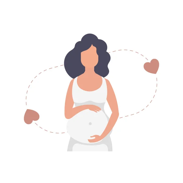 Eine Schwangere Frau Hält Liebevoll Ihren Unterbauch Vereinzelt Auf Weißem — Stockvektor