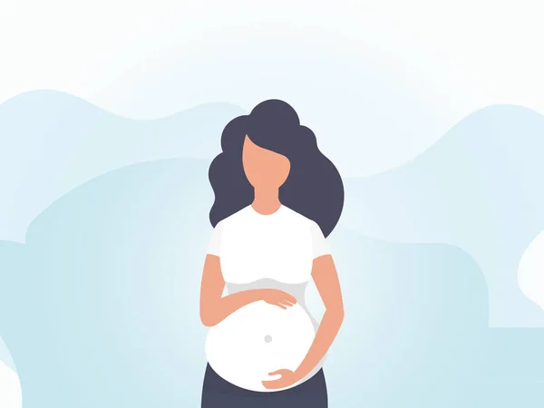妊娠中の少女は胃の上で手を握っている 青のトーンでバナー ベクターイラスト — ストックベクタ