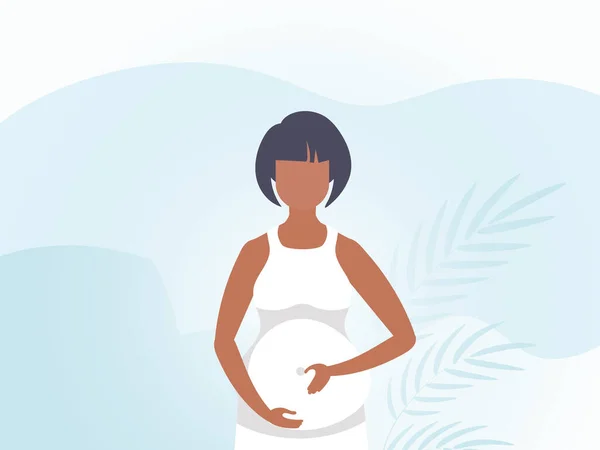 Беременная Женщина Держит Руки Животе Знамя Синих Тонах Векторная Иллюстрация — стоковый вектор