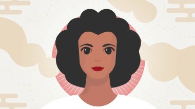 Afro-Amerikan görünümlü bir kızla afiş. Siyahi güçlü kız önde. Çizgi film biçimi.