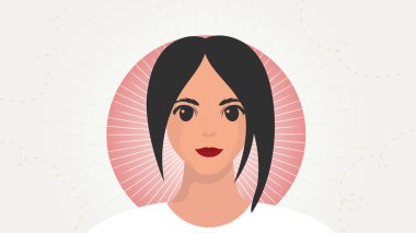 Banner ve bir kız yakın plan. Kadınların güçlenmesi hareketinin konsepti. Çizgi film biçimi.