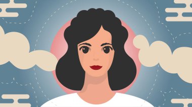 Banner ve bir kız yakın plan. Kadınların güçlenmesi hareketinin konsepti. Düz çizgi film biçimi.