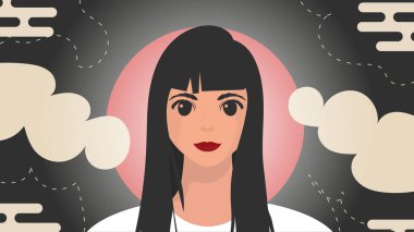 Banner ve bir kız yakın plan. Güçlü kız, ön görüş. Vektör illüstrasyonu.