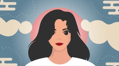 Banner ve bir kız yakın plan. Güçlü kız, ön görüş. Düz çizgi film biçimi.