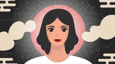 Banner 'da bir kadın var. Kadın arkadaşlığı, feminist birlik ya da kardeşlik. Çizgi film biçimi.