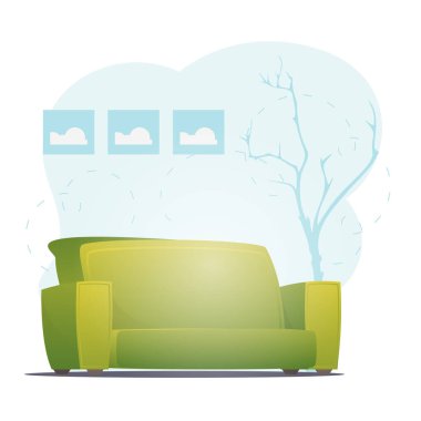 Güzel bir kanepe ve çiçek. Karakterin için arka plan boşluğu. Vektör düz resimleme.