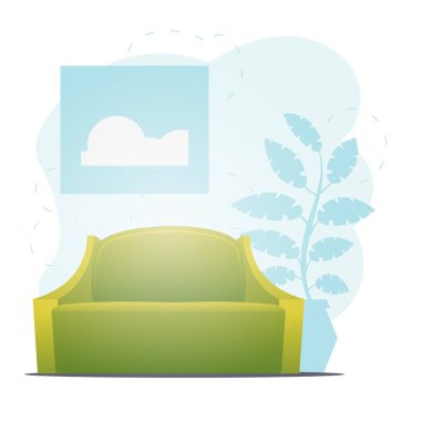 Güzel bir kanepe ve çiçek. Karakterin için arka plan boşluğu. Çizgi film biçimi.