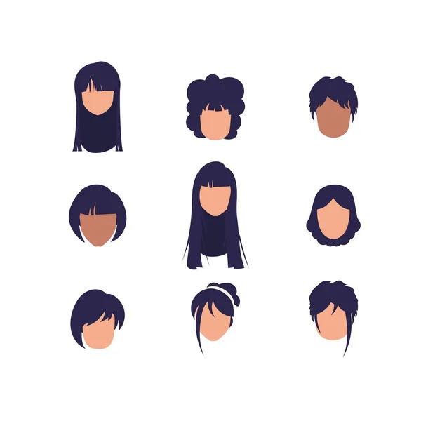 Big Set Faces Girls Different Hairstyles Different Nationalities Isolated White — Stock Vector