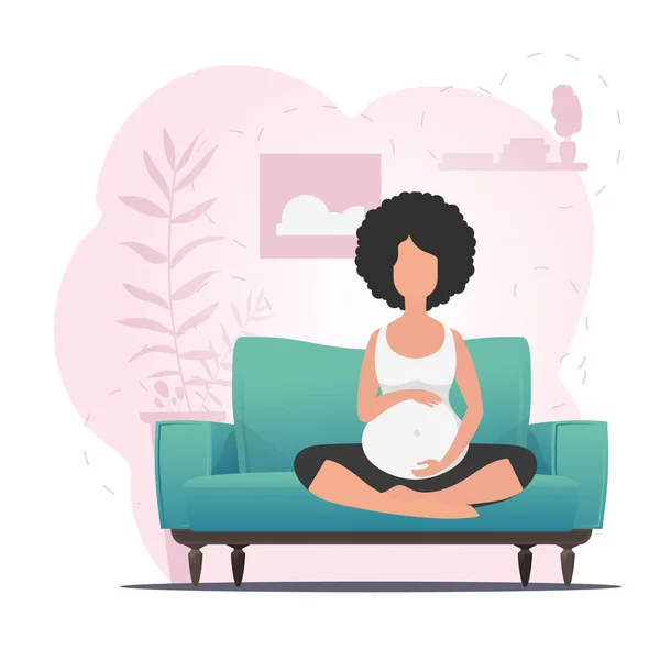 Pregnant Woman Lotus Position Pregnant Woman Practicing Yoga Cartoon Style — Stock Vector