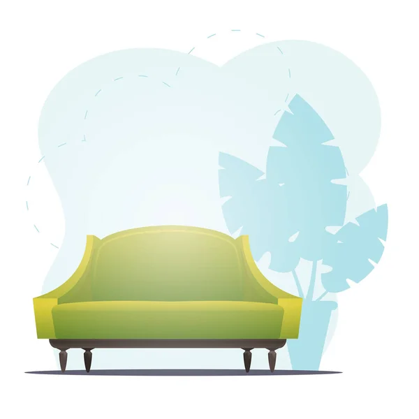 空のソファと観葉植物 あなたのキャラクターのためのスペースの背景 漫画風 — ストックベクタ