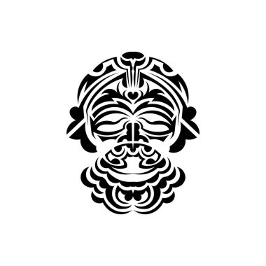 Samuray maskesi. Geleneksel totem sembolü. Maori tarzında siyah dövme. Siyah beyaz, düz stil. El çizimi vektör illüstrasyonu.