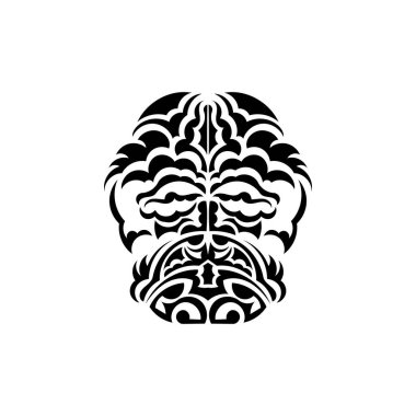 Kabile maskesi. Tek renkli etnik kalıplar. Eski kabilelerin tarzında siyah dövme. Siyah beyaz, düz stil. El çizimi vektör illüstrasyonu.