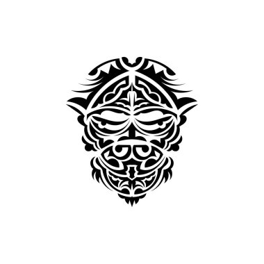 Kabile maskesi. Tek renkli etnik kalıplar. Maori tarzında siyah dövme. Beyaz arka planda izole edilmiş. El çizimi vektör illüstrasyonu.