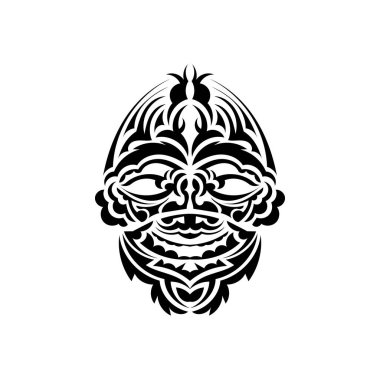 Kabile maskesi. Tek renkli etnik kalıplar. Samoa tarzı siyah dövme. Siyah beyaz, düz stil. El çizimi vektör illüstrasyonu.