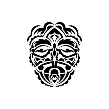 Kabile maskesi. Geleneksel totem sembolü. Maori tarzında siyah dövme. Siyah beyaz, düz stil. Vektör illüstrasyonu.