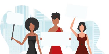 Bir grup kız protesto ediyor. Sancak mavi tonda. Düz stil ile sevimli illüstrasyon.