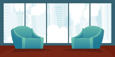 Döşeme mobilyaları ve geniş panoramik pencereli bir oda. Düz bir şekilde vektör illüstrasyonu.