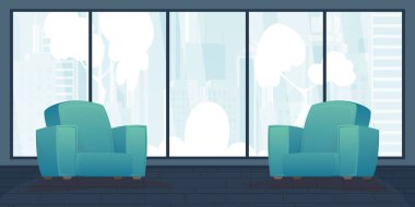 Döşeme mobilyaları ve geniş panoramik pencereli bir oda. Çizgi film tarzında vektör.