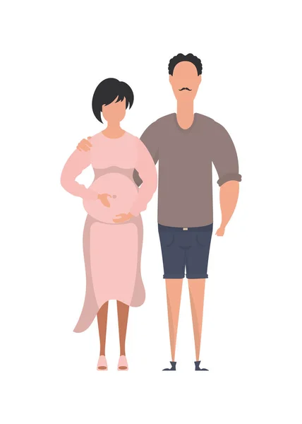 完全に成長している男と妊婦 白地に隔離されてる 幸せな妊娠の概念 漫画風のベクトル — ストックベクタ