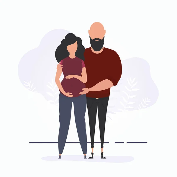 Man Hugs Pregnant Woman Banner Theme Couple Jet Baby Positive — Stock Vector