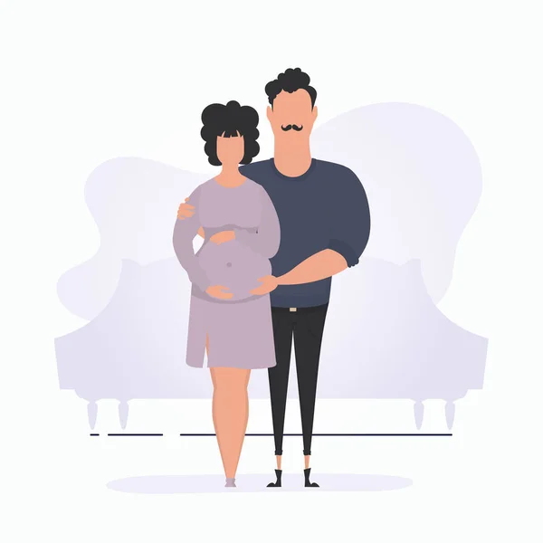 Muž Objímá Těhotnou Ženu Banner Téma Mladá Rodina Čeká Narození — Stockový vektor