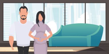 Erkek ve hamile kadın. Genç bir ailenin bir çocuğun doğmasını beklediği temalı bir poster. Pozitif ve bilinçli hamilelik. Vektör illüstrasyonu.
