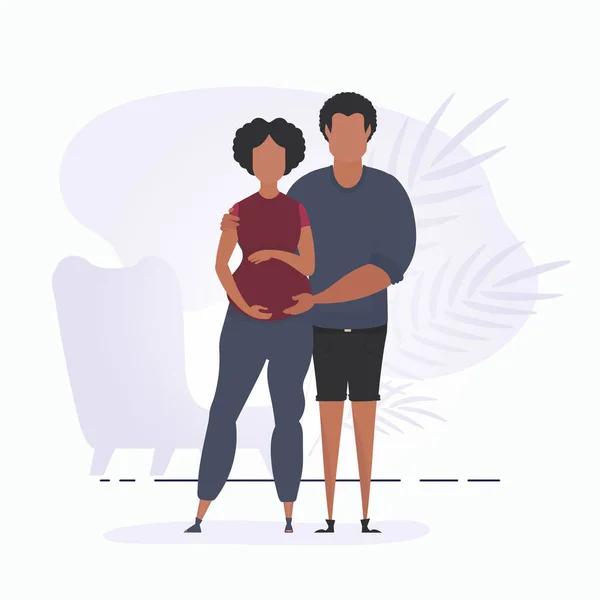 Muž Objímá Těhotnou Ženu Plakát Téma Mladá Rodina Čeká Narození — Stockový vektor