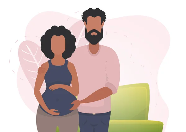 Мужчина Обнимает Беременную Женщину Плакат Тему Молодая Семья Ждет Рождения — стоковый вектор