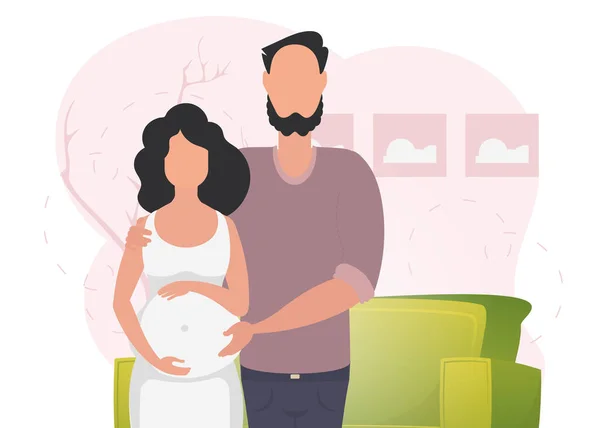 一个男人拥抱一个孕妇 海报的主题是 年轻的家庭在等待孩子的出生 积极和有意识的怀孕 用扁平的方式作可爱的插图 — 图库矢量图片