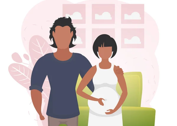 男人和孕妇 主题为 年轻的家庭在等待孩子的出生 的横幅 祝你怀孕愉快矢量说明 — 图库矢量图片