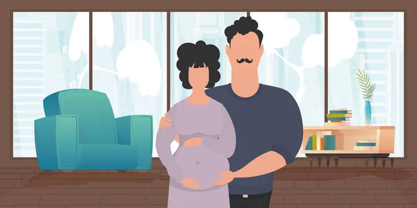 Man Zwangere Vrouw Affiche Het Thema Jonge Familie Wacht Geboorte — Stockvector
