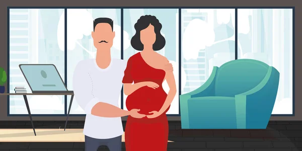 Άντρας Και Έγκυος Γυναίκα Αφίσα Για Θέμα Νεαρή Οικογένεια Περιμένει — Διανυσματικό Αρχείο