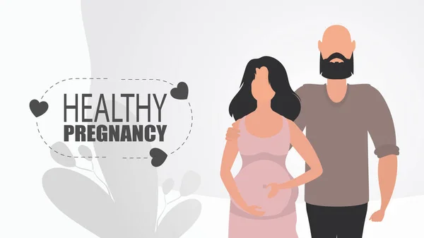 Healthy Pregnancy Man Pregnant Woman Young Family Expecting Baby Happy — Stock Vector