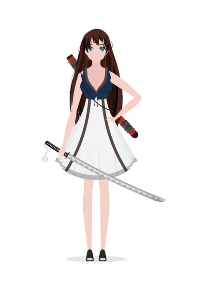 Mädchen Mit Einer Katana Einem Blauen Kleid Anime Samurai Frau — Stockvektor